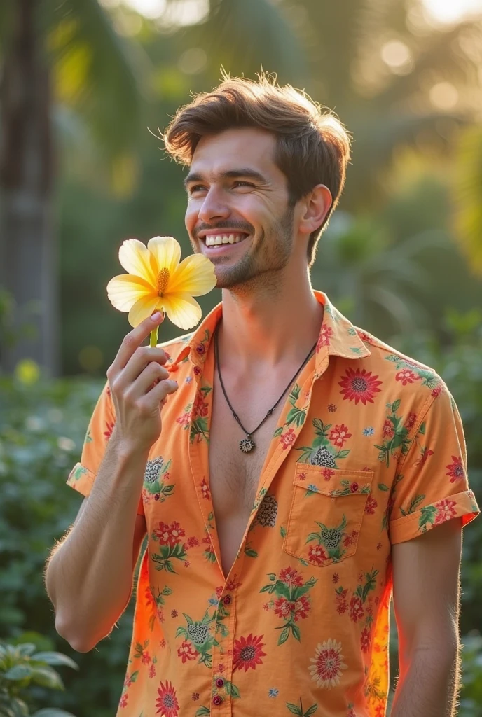Cute skinny handsome young man without a shirt with a piri hat and a parrot and cockatoo humble house and a grandmother and a grandfather with a basket