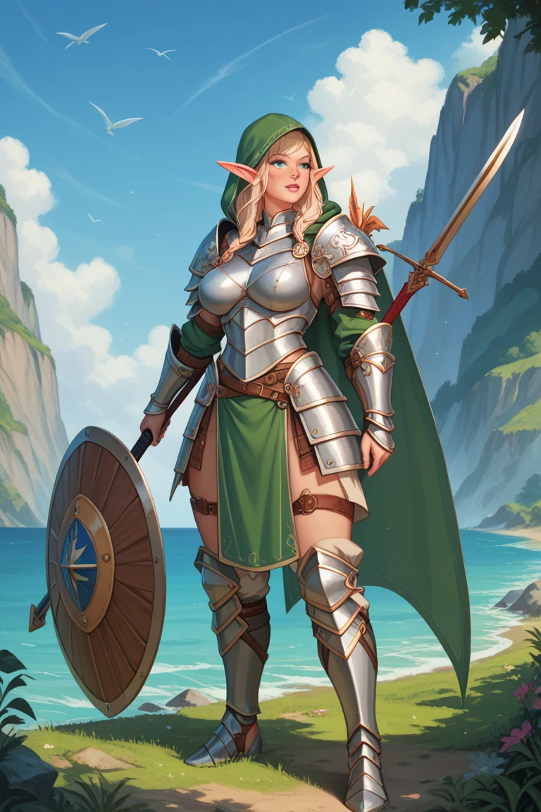 (((COMIC STYLE, CARTOON ART))). ((1 girl)), lonly, solo, A comic-style image of Lagertha, with her as the central figure. She is standing, with her hands holding a shield and a sword. She wears a brown leather outfit, with blonde braids. (((Hot body, sexy, sensual, camel toes))). It is surrounded by a Nordic landscape, with mountains, rivers and snow. She has a strong and courageous expression, as if she is ready to fight evil.