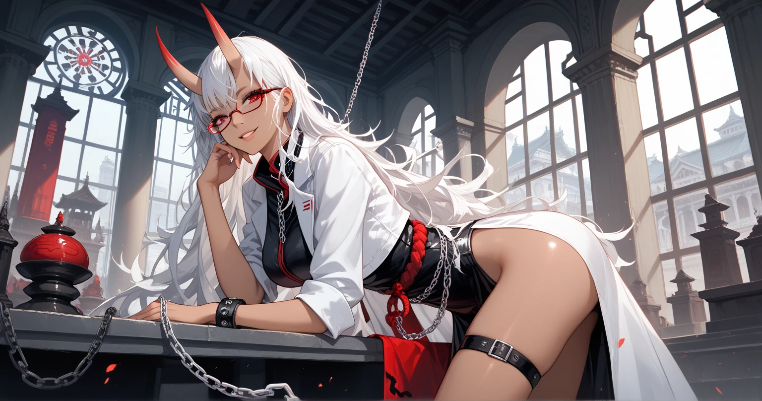 pale skin，dark风，long white hair，black eye shadow，red eyes，Abstinence，dark，goat horn，succubus，Open the legs，Smile，Sticking out tongue，Battle damage，Broken clothes，big ass，playful
，puppy，Transparent underwear，camel toe，sitting，back view，hot pants，butt close-up