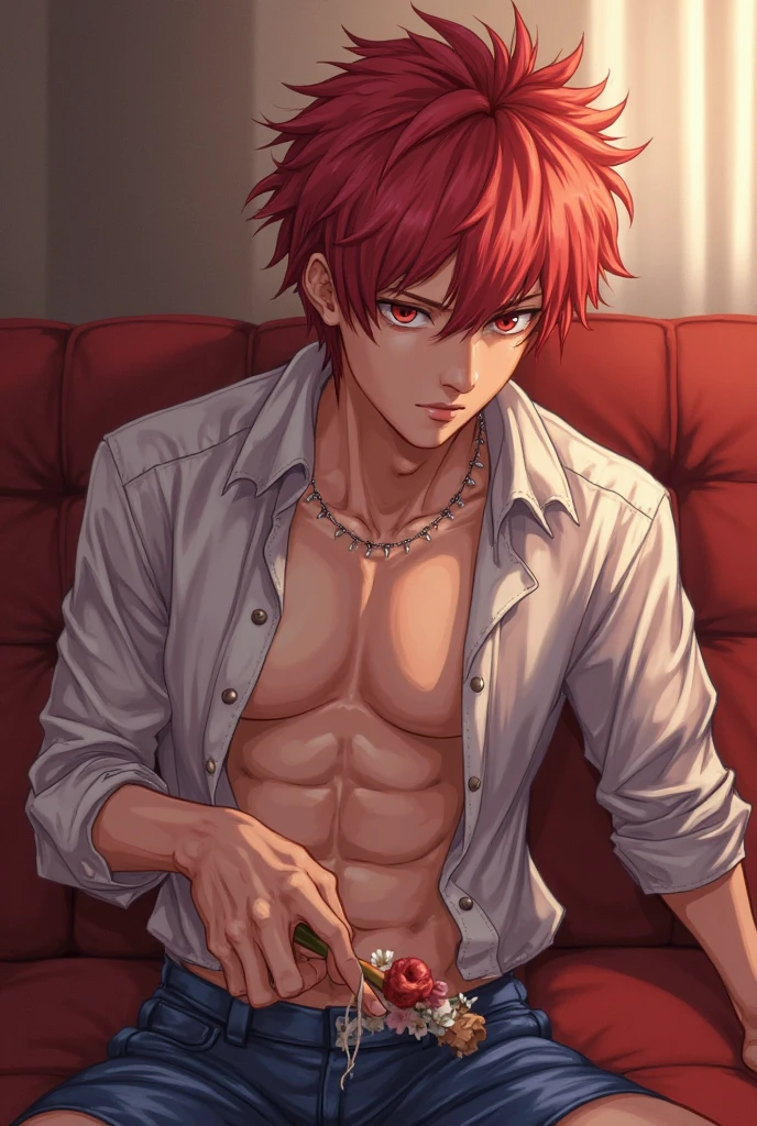 masterpiece, best quality, high quality, 1boy, solo, male focus, shirt off, asta, green eyes, red hair, lay on bed, full view, top view, half body.