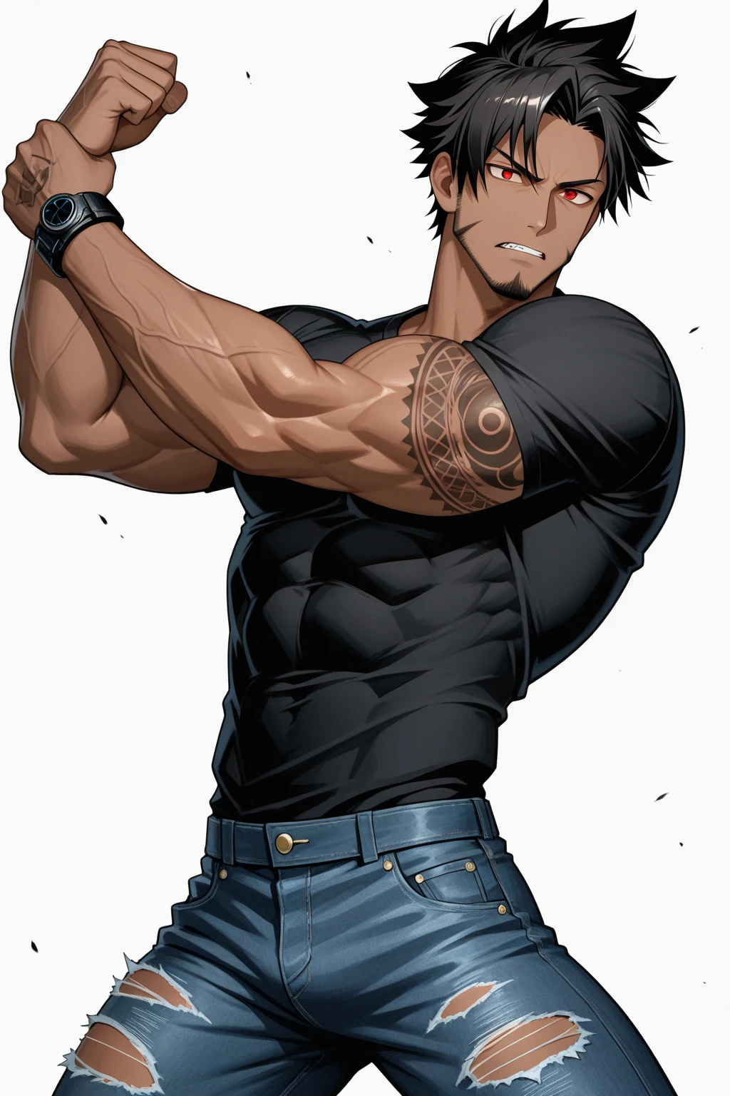 Anime man,masculine ,with wolf ears,and navy blue fur on inner parts of ears,with black hair,with black tight jeans,and blue fire emblems on the hem of the jeans