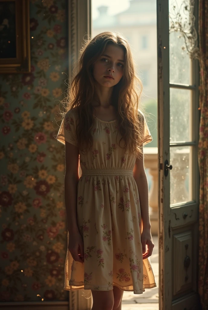 Thick brunette teen, short wavy hair, extra pale skin, freckles, dramatic lighting with shadows, sundress