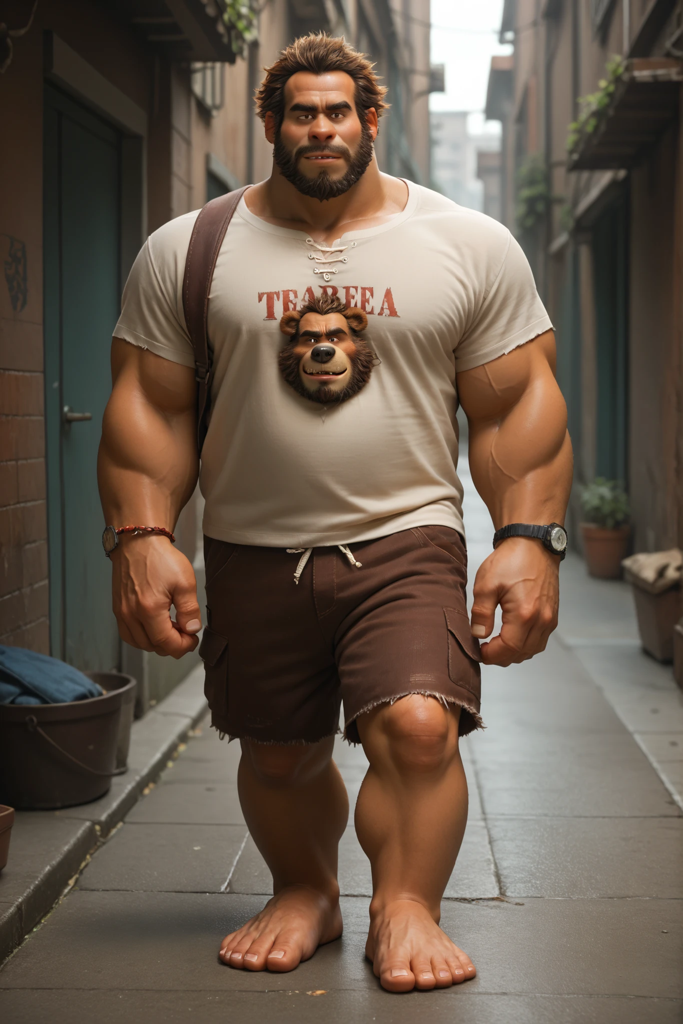  A large, muscular bear is standing in an alley, The bear is muscular and fat, Bearded Bear, The bear wears shorts and is barefoot, thick and wide feet , es de noche, barba gruesa, que se vea su pecho y panza 