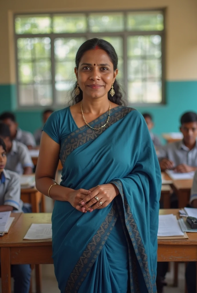 Kerala teacher in class room with white saree navel visible