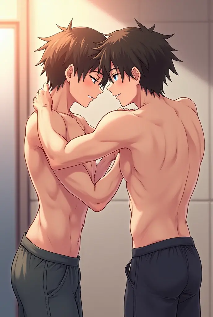 beautiful face,Shota , Completely naked,male couple , Two boys, child, boy showing naked body,front view , standing,water , Full body picture,Licking each other , bathroom, Blushing,