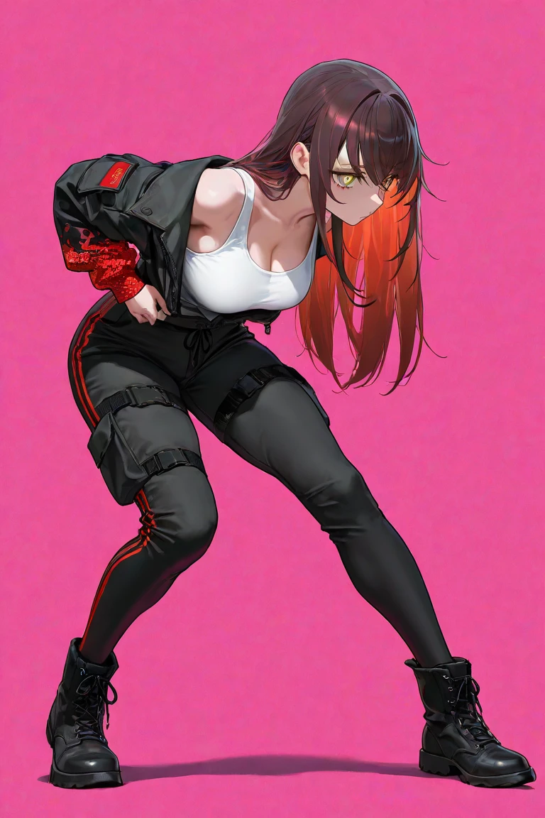 (masterpiece, best quality:1.6), solo, thick outline, (simple background, dark red background, monochrome, dark red theme:1.2), official art, key visual, 8k, absurdres, full body, (unique hair, punks jacket, hotpants, arch back, short torso:1.2), navel, thighs, cowboy shot, HDR, sharp focus, highres, highest detailed, extreme detailed, ultra detailed, finely detail, detailed eyes and face, sharp pupils, realistic pupils