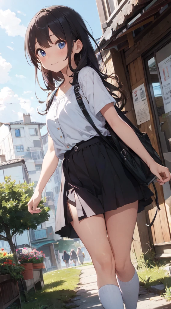 1 girl, smile, shirt, skirt, (small) chiralism, Japan high school school uniform, seravuk, summer clothes, squall-wet uniform, sheer bra, (portrait from knee up),