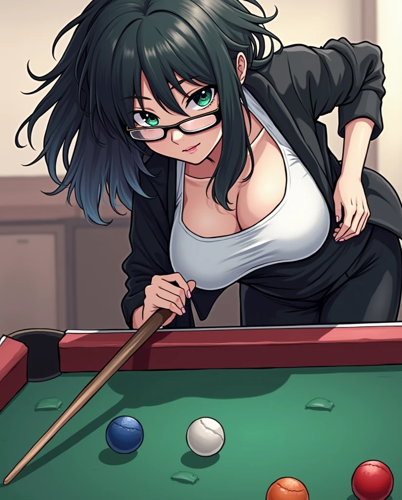 masterpiece,ultra detail,best quality,girl. sweat,(close one eye),aim pool ball,lace blouse,glasses,cleavage,blush,black longhair.,both hands holding pool cue, lean on table<lora:girllikepoolball_v20:0.7>bend over,