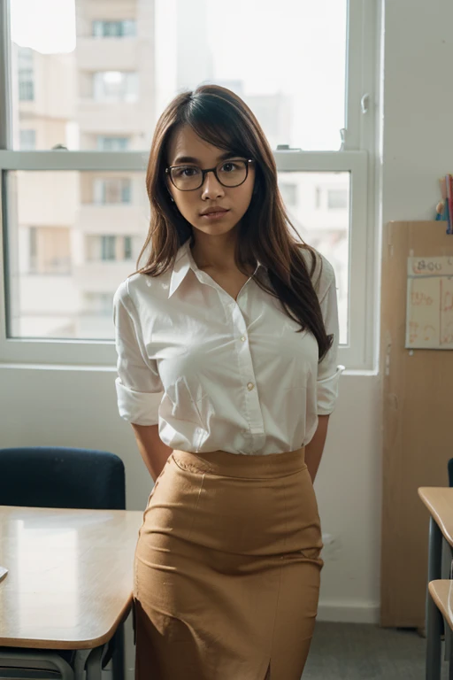 a mature woman posing for a photo, (wearing grey oversized_tie_blouse :1.2 , lingerie, glasses ), mouth open Seductive, busty, curvaceous, Grayblonde hair, good hand,4k, high-res, masterpiece, best quality, head:1.3,((Hasselblad photography))n, sharp focus, (cinematic lighting), soft lighting, dynamic angle, [:(detailed face:1.2):0.2],(((girl on class campus views))),