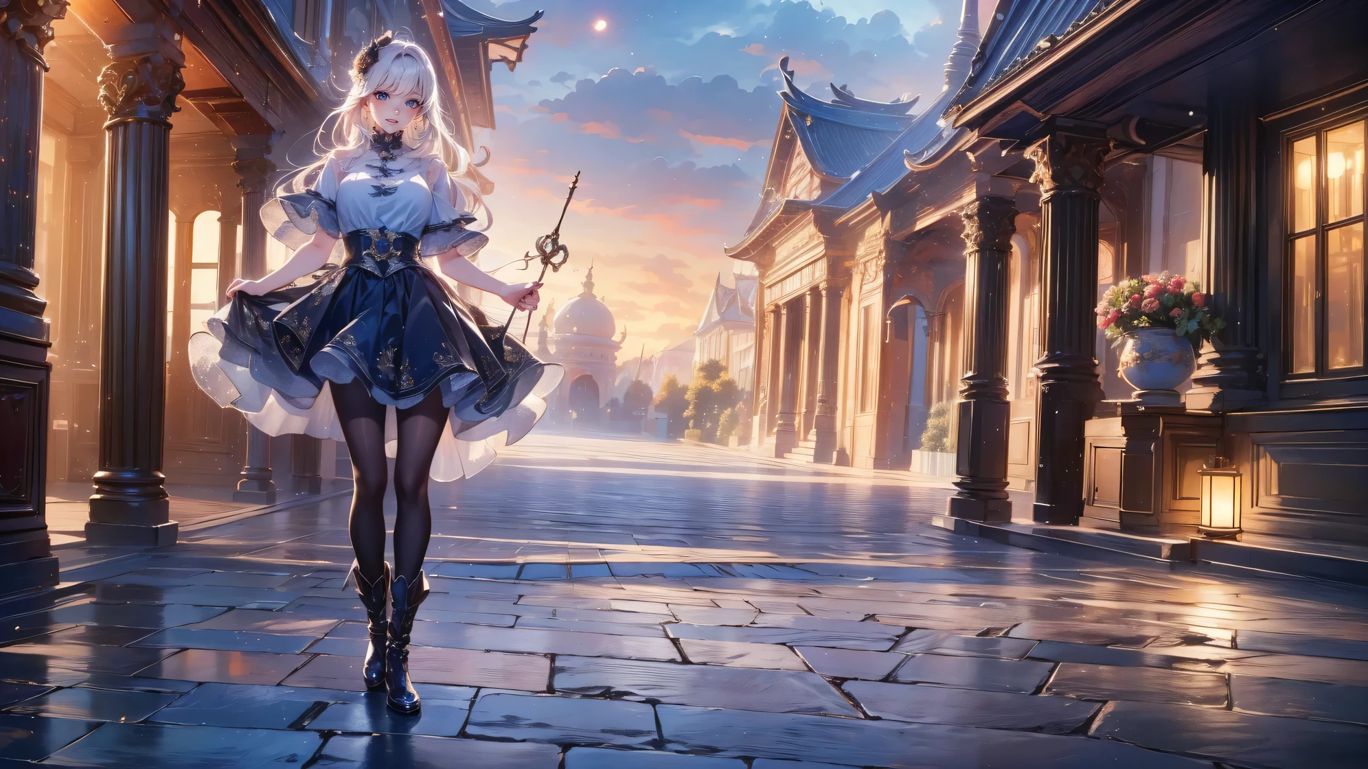 As twilight blankets the realm, the heavens come alive with a celestial spectacle. Countless stars twinkle like shimmering diamonds, their ethereal glow casting a soft illumination upon the landscape. The moon, radiant and full, bathes everything in a gentle silver light, accentuating the enchantment that lies within.
At the heart of the composition stands a majestic mechanical frog—a testament to both artistry and engineering prowess. Crafted with meticulous detail, its metallic frame gleams in the moonlight, adorned with ornate patterns and intricate engravings. Gears and mechanisms intertwine seamlessly, bringing the creature to life with graceful movements.
Perched atop the frog's sturdy back rests a miniature city, a mesmerizing marvel of human innovation and imagination. Towering skyscrapers adorned with neon lights reach towards the heavens, their vibrant hues painting the night sky with a kaleidoscope of colors. Tiny windows flicker like stars, revealing glimpses of bustling activity within the city's vibrant streets.
As the mechanical frog traverses the landscape, its steps create a gentle rhythmic hum that reverberates through the air—a symphony of wonder and possibility. Each hop is a delicate dance, leaving behind a trail of glittering stardust that twinkles like a celestial pathway, guiding the frog and its extraordinary cargo.
The surrounding environment is a harmonious blend of nature and fantasy. Lush greenery and blooming flowers flourish beneath the moon's gentle gaze, their petals embracing the night with delicate fragrances. Majestic trees, their branches adorned with luminescent moss, stand sentinel, casting surreal shadows upon the landscape.
A winding river meanders through the scene, its waters mirroring the starry spectacle above. It whispers secrets as it flows, weaving a tale that only those who listen closely can understand. Along its banks, fireflies illuminate the darkness with their gentle glow, their enchanting light creating a m