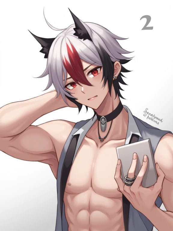 1 young person,alone,18-year-old,male,Shocked facial expression,blush,good looking,White hair Blue eyes,Purple eyes, Cat ear Side view Kneeled Open your mouth and scream suffer Sleeveless, wistful expression Exposure to electricity Gets done Thick tail Upper body naked Raised to be sexy Arms up Black pants Chained