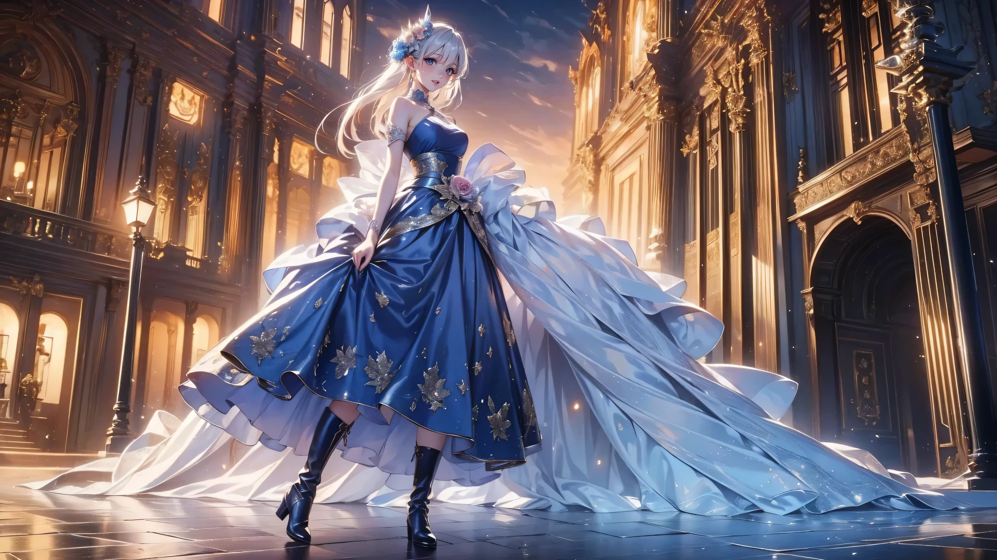 Composed from head to foot 、 full body view、,( very detailed目, very detailed顔), ( realistic にสุดๆ, high resolution ), ( Top Quality :1.4), ( Top Quality ), 5, Midea, 1 girl ,score_9, score_8_ up, score_7_ up, score_6_ up, score_5_ up, score_4_ up, realistic skin texture that lasts deep into the middle of the night 、 Deep Night , RAW photos , ( realistic に, realistic :1.37), very detailed, Pro Pictures , (masterpiece:1.3, Top Quality , s uper high resolution, Ultramore ), ( realistic , photo realistic :1.4), beautiful illustrations , perfect lighting, anime style .( masterpiece : 1.2), ( very detailed: 1.2), ( very detailed CG: 1.2), ( high image quality : 1.2), (最 high image quality ), 8k, animated illustration , 、 beautiful girl 、とても cute天使、 cute、、smile、 long skirt、 Black Long Boots 、 Turquoise Eye, cute女性 ,street, Store , sign,European Buildings,slate paved ,Rose flower,