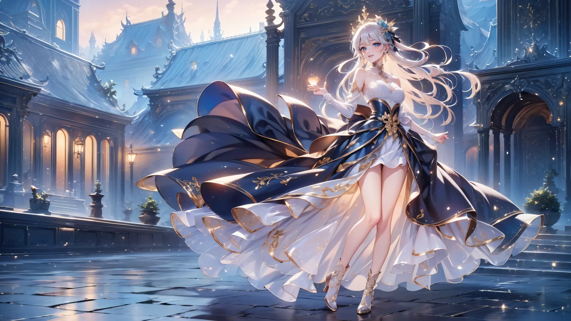 Composed from head to foot 、 full body view、,( very detailed目, very detailed顔), ( realistic にสุดๆ, high resolution ), ( Top Quality :1.4), ( Top Quality ), 5, Midea, 1 girl ,score_9, score_8_ up, score_7_ up, score_6_ up, score_5_ up, score_4_ up, realistic skin texture that lasts deep into the middle of the night 、 Deep Night , RAW photos , ( realistic に, realistic :1.37), very detailed, Pro Pictures , (masterpiece:1.3, Top Quality , s uper high resolution, Ultramore ), ( realistic , photo realistic :1.4), beautiful illustrations , perfect lighting, anime style .( masterpiece : 1.2), ( very detailed: 1.2), ( very detailed CG: 1.2), ( high image quality : 1.2), (最 high image quality ), 8k, animated illustration , 、 beautiful girl 、とても cute天使、 cute、、smile、 long skirt、 Black Long Boots 、 Turquoise Eye, cute女性 ,street, Store , sign,European Buildings,slate paved ,Rose flower,