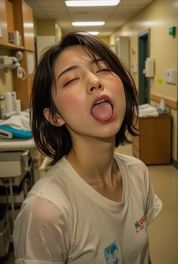 Beautiful Japan actress、1 girl,debris flies,,Award-winning photo, very detailed,face focus, double big eyes(woman with open mouth and closed eyes ), 21 years old、black hair、shiny skin、(((close up of face)))、realistic nostrils、elongated nasal passages,,,、inside the toilet、(On the floor of a public toilet)、squat、((knit dress))、big breasts、(sharp nose)grimacing 表現:1.4,,facial expression,grimacing,Head up、Skin shiny with sweat,oily facial skin,bite your mouth,tied hair,wearing a tank top,Bring your nose closer to the camera,((he&#39;Trying to show white sperm in wide open mouth.))bob cut