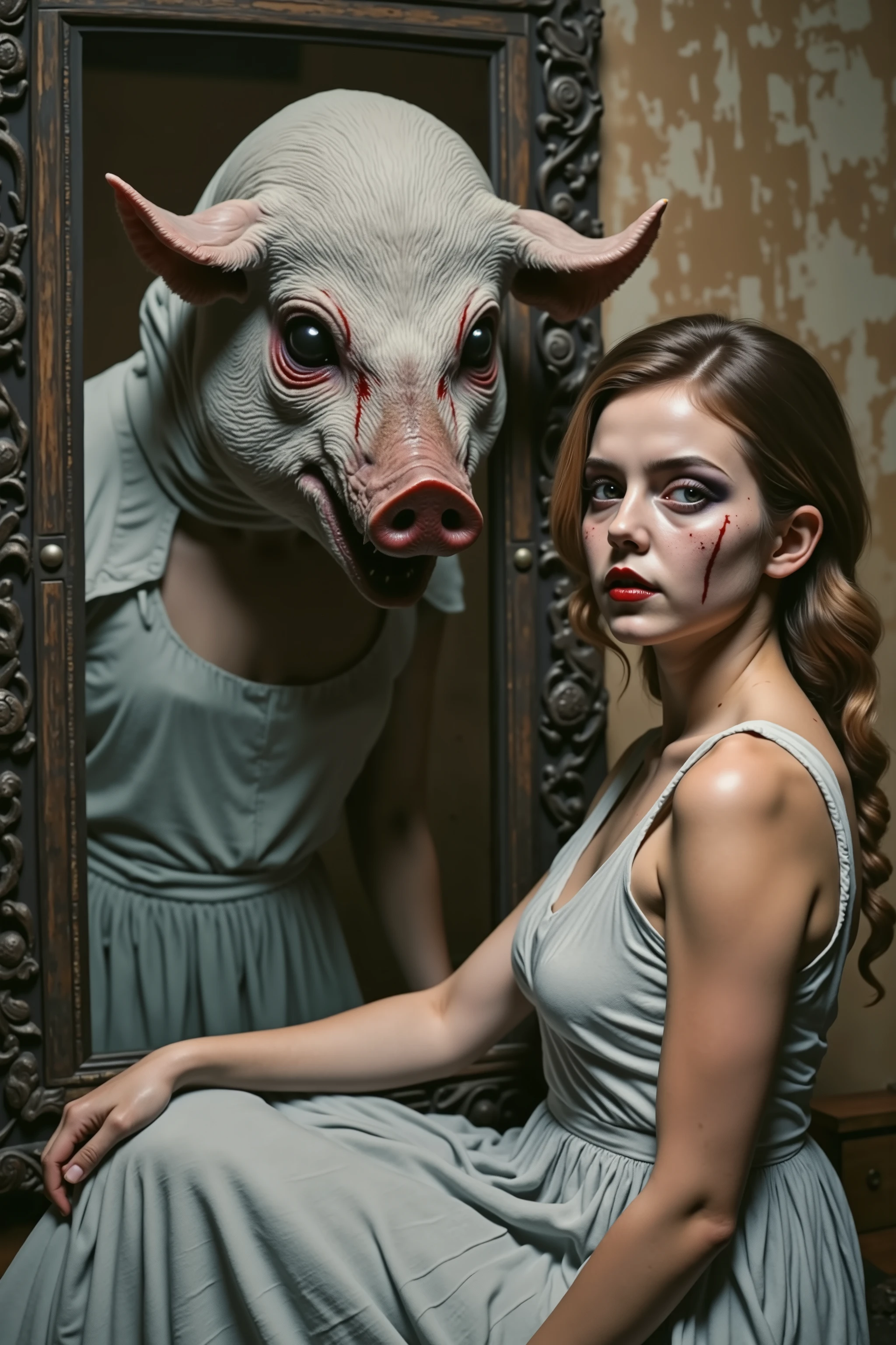 A young woman in a light gray, sleeveless dress sits gracefully in front of an ornate mirror with a dark, elaborate frame. The scene is dimly lit, casting soft shadows and creating a moody atmosphere. Reflected in the mirror is not the woman herself, but a figure with the head of a pig, marked with crimson streaks, suggesting something unsettling or eerie. Her posture is relaxed, with one arm resting on her knee, juxtaposed against the disturbing reflection. The setting hints at an interior space with a textured, possibly aged wall in the background, enhancing the mysterious and surreal quality of the image. The contrast between the serene pose of the woman and the jarring, grotesque reflection creates a tension that captivates the viewer, inviting questions about the narrative and symbolism behind the composition. Horrific, ultra-detailed, ultra-realistic, photo-realistic, cinematic, full focus, UHDR, hyperrealistic, startling, stunning images, macabre, dark fantasy art, Breathtaking,Indescribably strange station, creepy creepstyle, weird wired, wired weirdcore, backward reflections, unusually you,cinematic photography, ethereal, dream-like, macabre atmosphere, provocative, iconic style, gothic, haunting, unsettling, eerie, spooky, scary, masterpiece