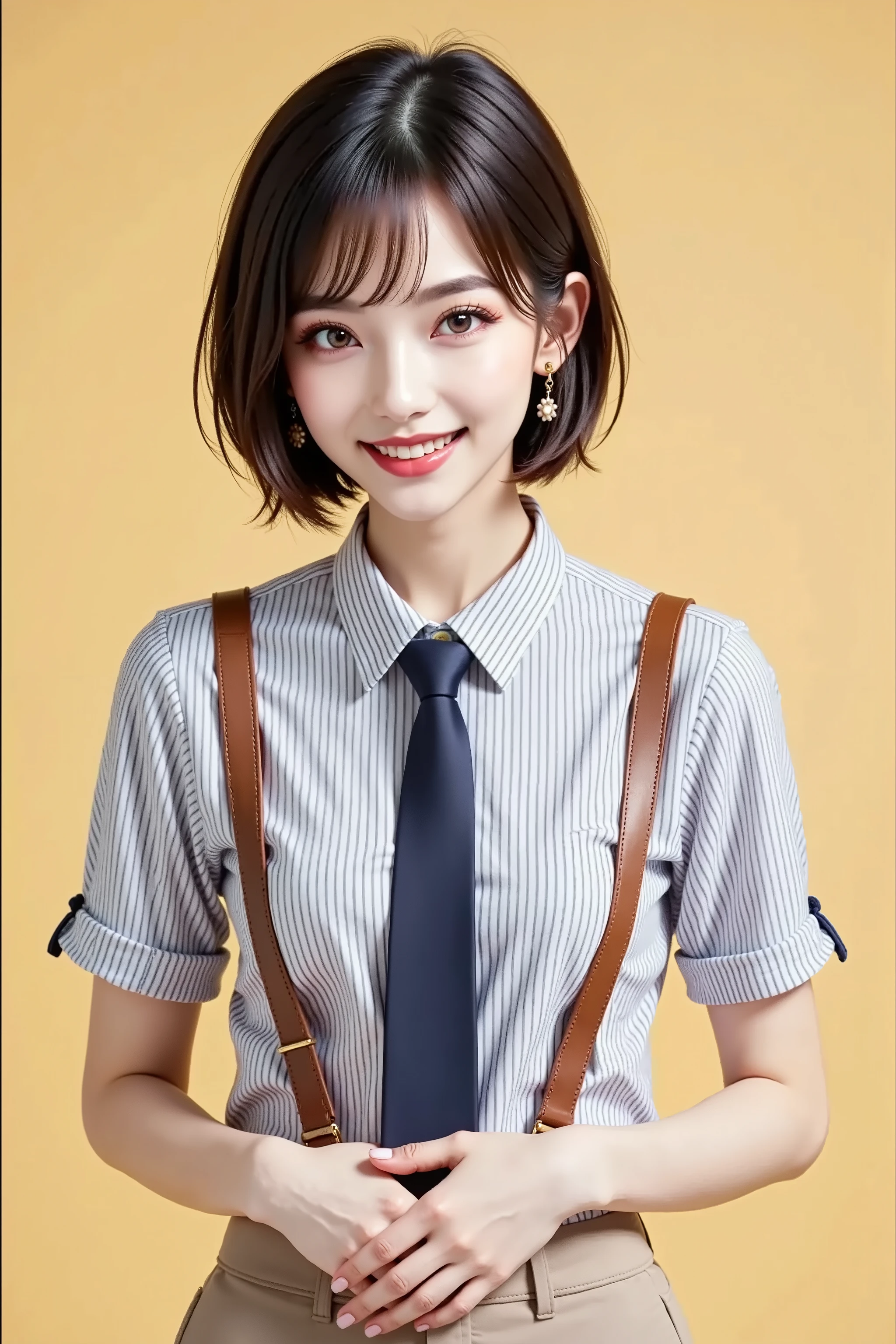 ((Place your hands in front of your stomach and feel comfortable)), pastel yellow background,Short Hair, working on a computer with slender eyes, Foxy face, smiling gently, big earrings, white and black fine striped collared shirt,dark blue tie, (brown suspenders), beige pants,
