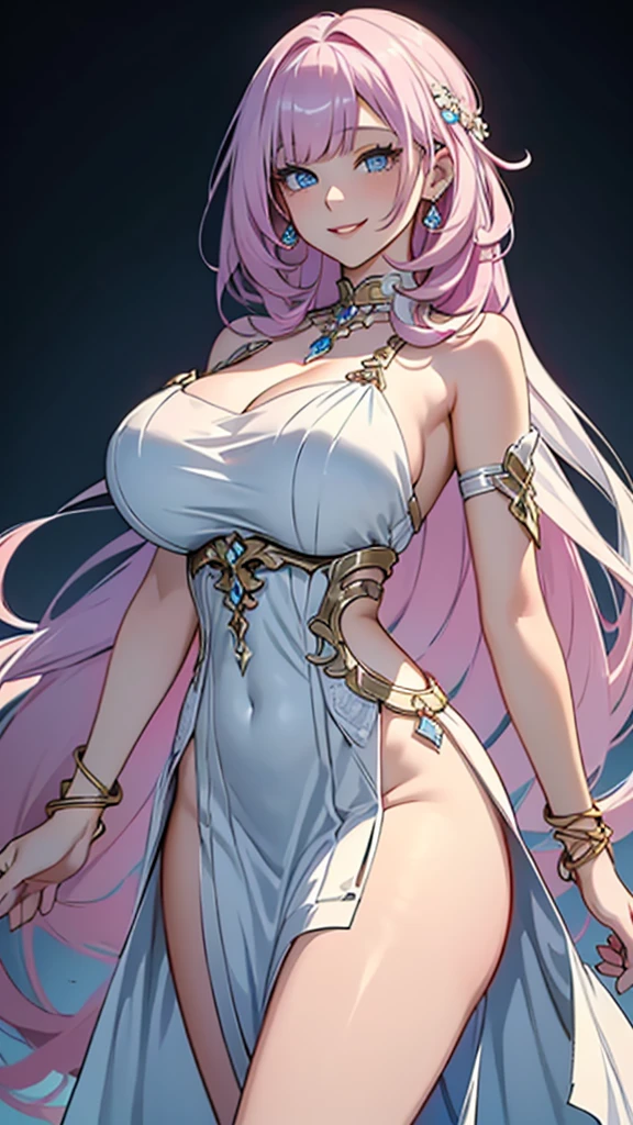A girl with long pink hair, white slip dress, delicate face, thin waist, milky skin, sexy, clear cleavage, villa doorway, night