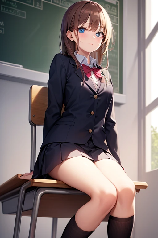 ((masutepiece, Best Quality, hight resolution, nffsw, Perfect Pixel,  4K, nffsw, nffsw))), 1girl in, Single, Solo, Beautie、full body seen、 ((Middle Wave Hair, Bangs, Brown hair)), ((Brown-eyed, Beautiful eyelashes, Realistic eyes)), ((Detailed face, Blushing:1.2)), ((Smooth texture:0.75, Realistic texture:0.65, Photorealistic:1.1, Anime CG style)), medium breasts, Dynamic Angle, Perfect body,  ((red bowtie, School uniform, Black jacket, Open jacket, Brown cardigan, White shirt, Black skirt, plaid skirts)), Smile, Squat on the floor、Touching the buttocks with both hands、Open both knees