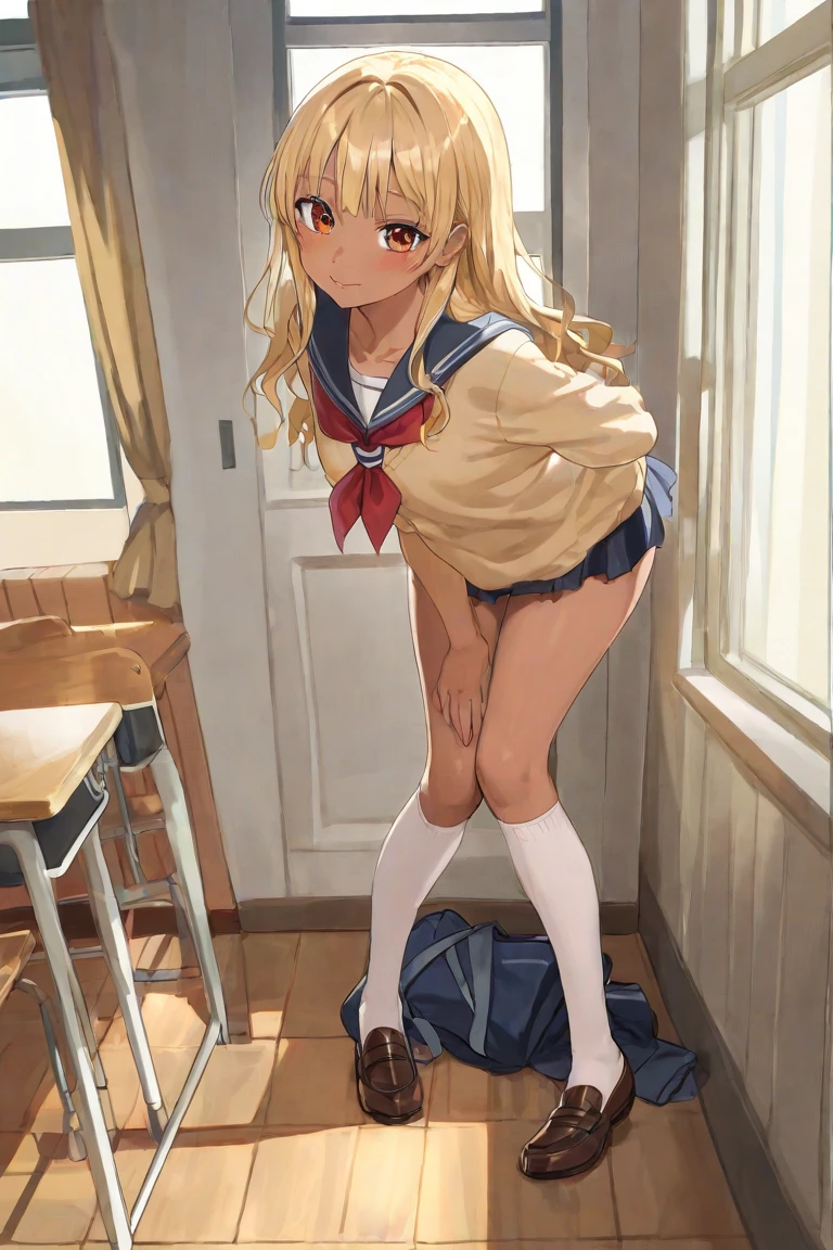 (masterpiece, best quality:1.2), 1girl, solo, scenery, illustration, looking at viewer, school, depth of filed, light on face, portrait, blonde hair,
(white panties:1.5), (spread legs, open legs, knee up:1.3), naval, groin, perineum, leaning back, body tilt, open mouth, blush, small breasts, arms behind back, cowboy shot, dutch angle,