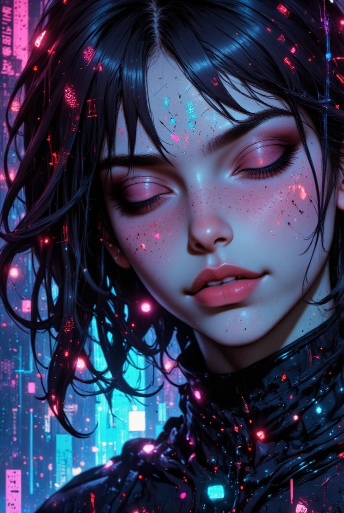 Closeup on beautiful black latex woman, olhos azuis, coberta com rosas vermelhas iluminadas, bright blue white glowing heart, visible from human, noite, Colouring, photography hyper-detailed cinematic hdr lighting, softbox lighting, Detalhe extremo, 8k, 3D-rendering, Hiper realista, NVIDIA,