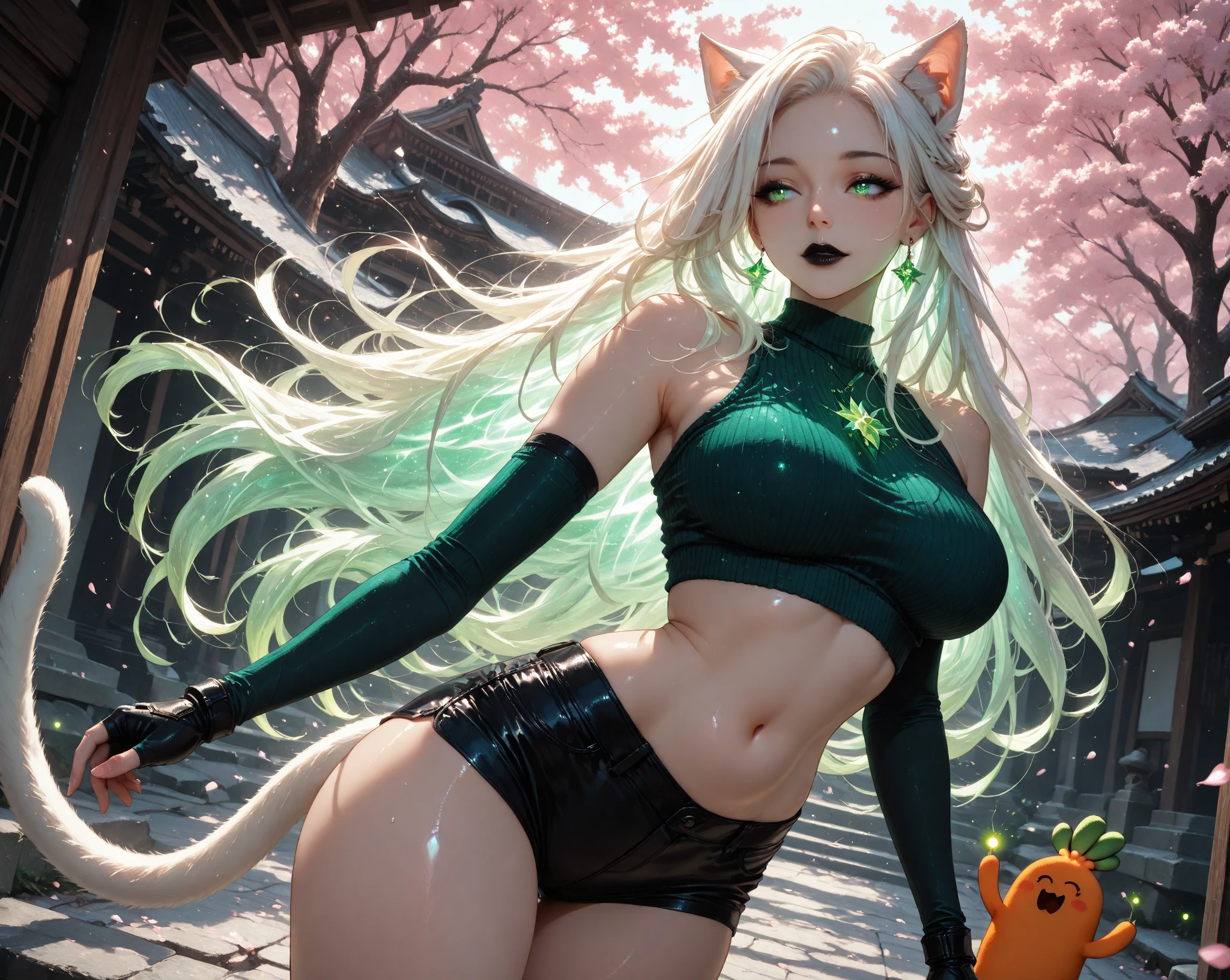 1 goblin woman, female goblin, green hair, long hair, goblin ears, yellow eyes, full lips, round face, huge breasts, wide hips, goblin tail, very green skin tone, turned on her back, rearing her back, wearing clothes animal warrior, expressive scene, inside the forest, green skin, pointy teeth