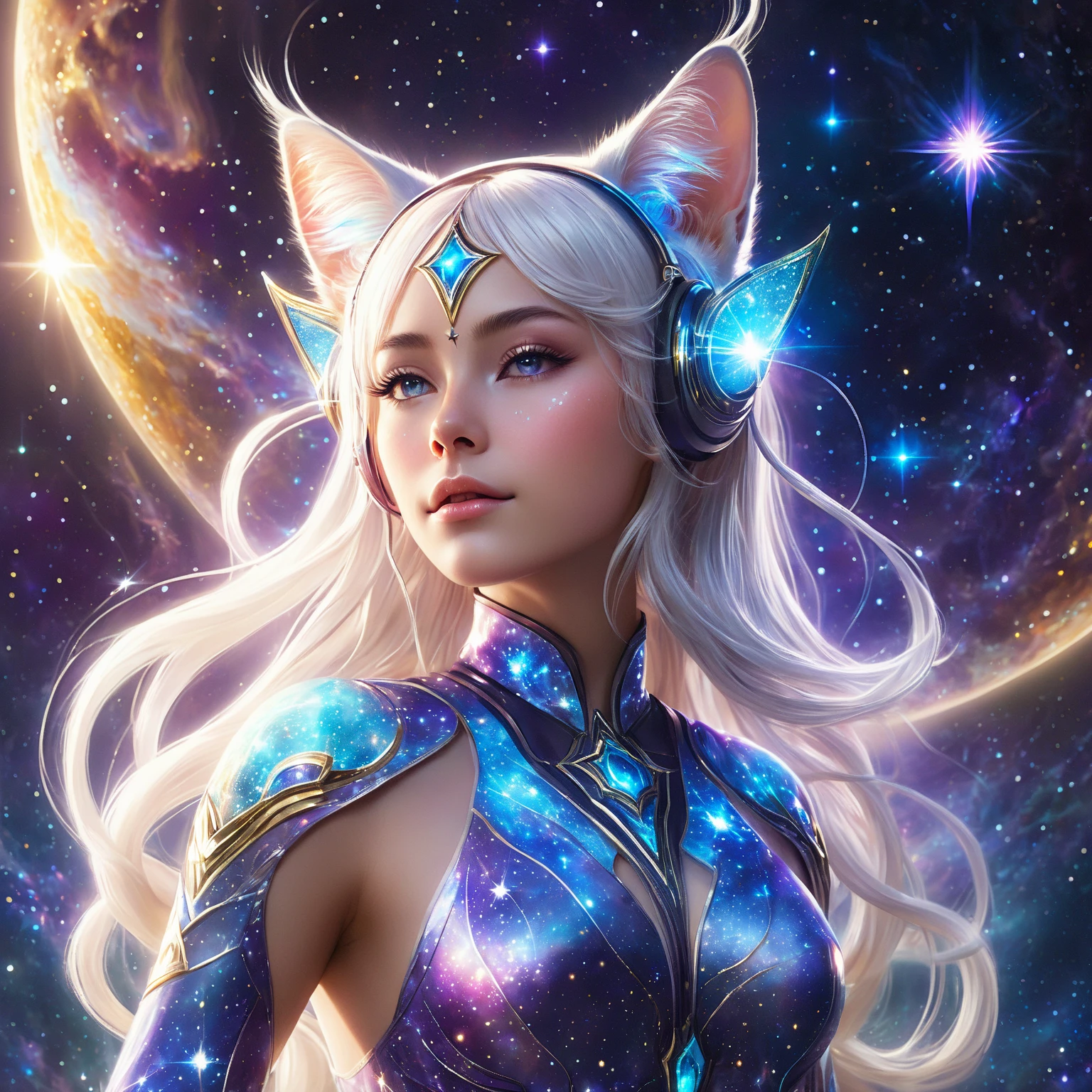 "Girl from the stars, (shimmering fur), celestial antennae, shell of wonder, planetary dreamscape, (cosmic enchantment), surreal artistry, vibrant and alien palette",kneeling, wide shot, f/1.8, bokeh