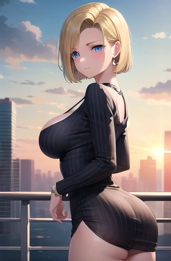 bronze hair, blue eyes, solo, smiling, standing, upper body, hips, gigantic breasts, cleavage