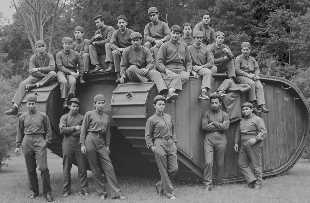 Tank in the hood with people sitting on it