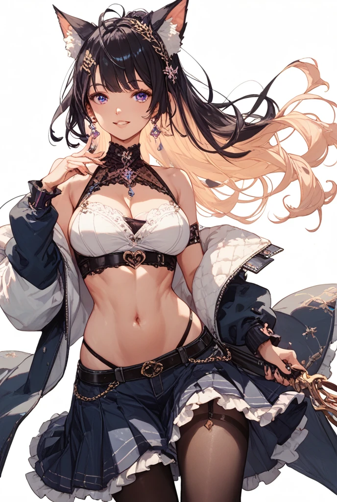 high quality, masterpiece, messy hair, glowing eyes, bare shoulders, medium breasts, cleavage, (sideboob:1.1), (collarbone:0.9), (front slit:1.2), armpit, lying on bed, cold morning sunlight, sharp focus, (intricate:1.1), (anime coloring:1.1), illustration, cowboy shot, looking away, Acheron, gradient hair, white jacket, long sleeve, belt, thighhigh boots, hair over eye, navel, thong