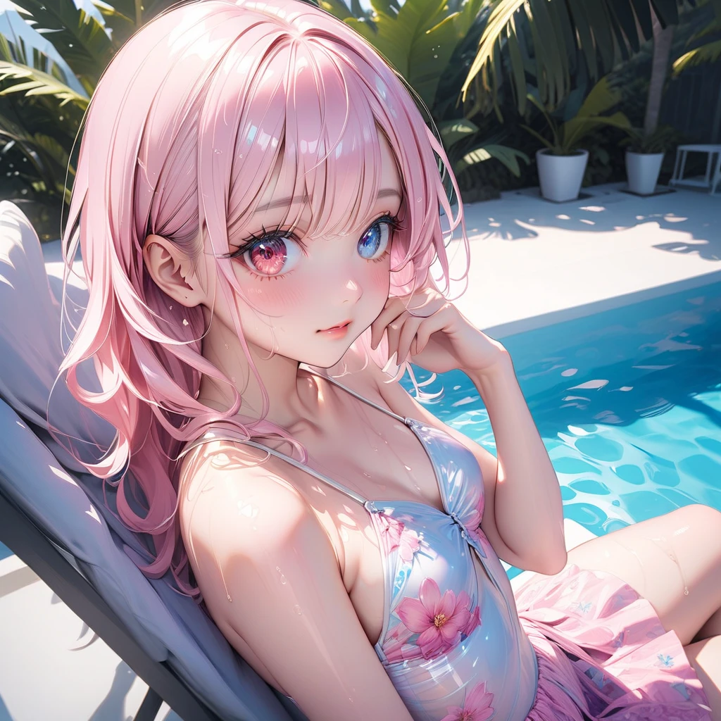 (Masterpiece, BestQuality:1.3), (ultra detailed:1.2), (hyperrealistic:1.3), (RAW photo:1.2), High detail RAW color photo, professional photograph, (Photorealistic:1.4), (realistic:1.4), professional lighting, perfect anatomy, (Big Breasts:1.2), (blush, detailed face), (cheerful Smile:1.5), Trending Hair&Trending Hairカラーをランダムに, earrings, necklace, bracelet, sexly, erotic sexly, Random sexy gravure poses, (A pink-haired beauty in a bikini、She is smiling and posing sexy while relaxing by the resort pool.。: 1.3)