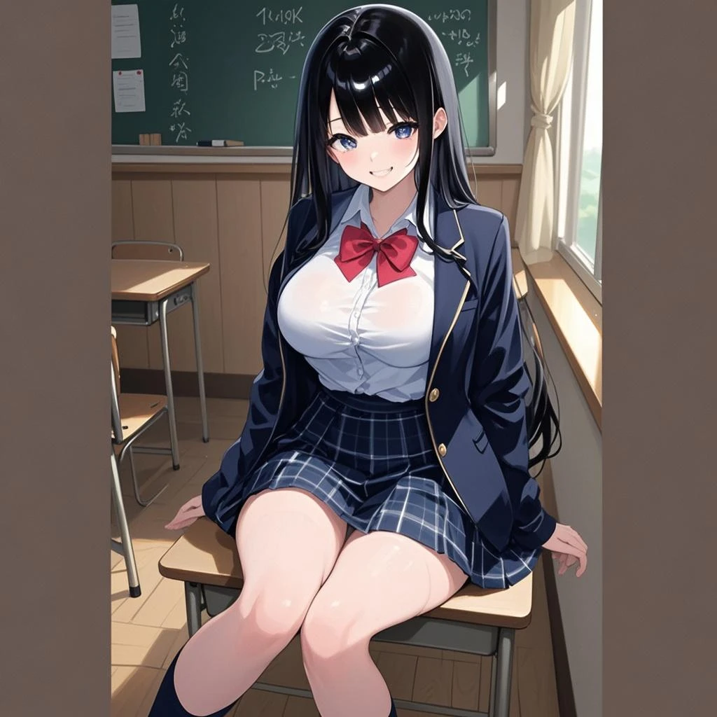 (((NSFW))),(High quality, high resolution, super detailed illustration, 1 female、Solo Focus)、Japanese、Anime-style illustrations、high school girl、Student Council President、Long straight black hair、Black Eyes、Bangs、Confident々Expression、smug face、Confused eyes、Navy blue blazer、Red ribbon around neck、Navy blue checked skirt、Luxury lace trim、Panties white、Knee socks、loafers、((Cross your arms))、Sitting with legs crossed、Lower body focus、Love juice、On the lectern、classroom、blackboard、Open Door、machine、evening