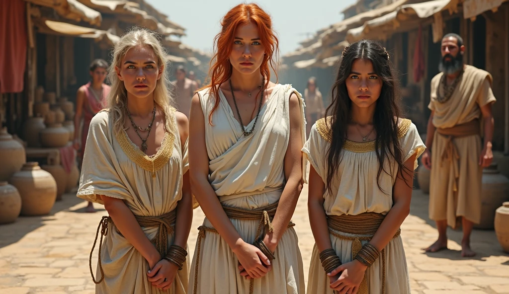 Slaves amrket. 3/4 of two girls slaves in their 20s. Short, red haired, freckles, tanned. standing, wearing old chitons, bare feet, extremely deatiled feet, extremely detailed eyes and face, beautiful detailed eyes, beautiful detailed lips