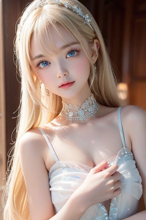 Clothes that cover the chest、camisole、blouse、one piece、With collar、With sleeves、Frills、race、forehead、Big Breasts、Northern Europe、Russia、beautiful girl、Platinum Blonde Hair、Straight long hair、Hitting the face and front of the eyes、Big blue eyes、Sheer white and wet nightgown、Northern Europeの若者、Perfect body、White tendons、Glowing Skin、Young and beautiful skin、A perfect and beautiful little face、Bright makeup、Pale pink lips、Bright expression、16-year-old girl、lipstick、Deceptive advertising、Viewer's vision、Golden Hour Lighting、Bokeh Atmosphere Perspective、detailed、Movie Light、複雑なdetailed、High resolution、 フェイスデザインのdetailedな特徴、Attention to detail、Clear focus、Smoothness、aesthetics、Printed、Octane、{{masterpiece}}