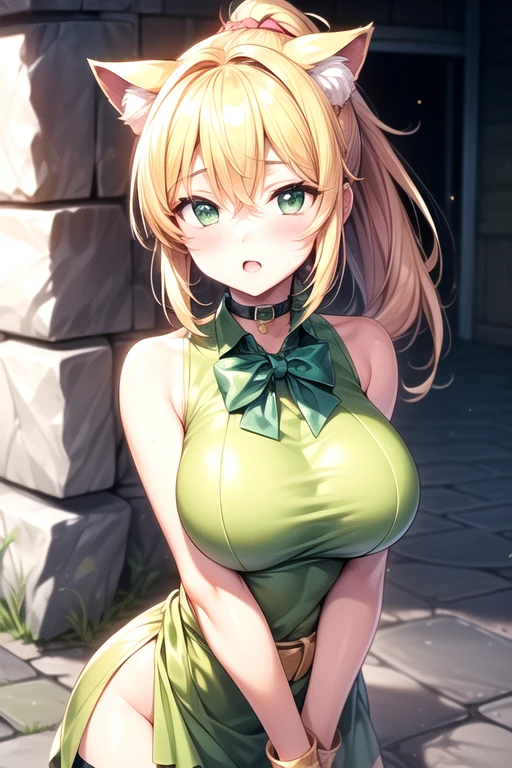 A woman wearing a sophisticated green dress, blonde hair, long hair, green eyes, smiling, standing outside a coffee shop, with tables and chairs around her, with a view of a forest, big breasts, green heels, an emerald necklace on her neck..UHD , work- prime, precise, anatomically correct, textured skin, super details, high quality, best quality, 8k, high resolution, bokeh effect. (woman alone)

