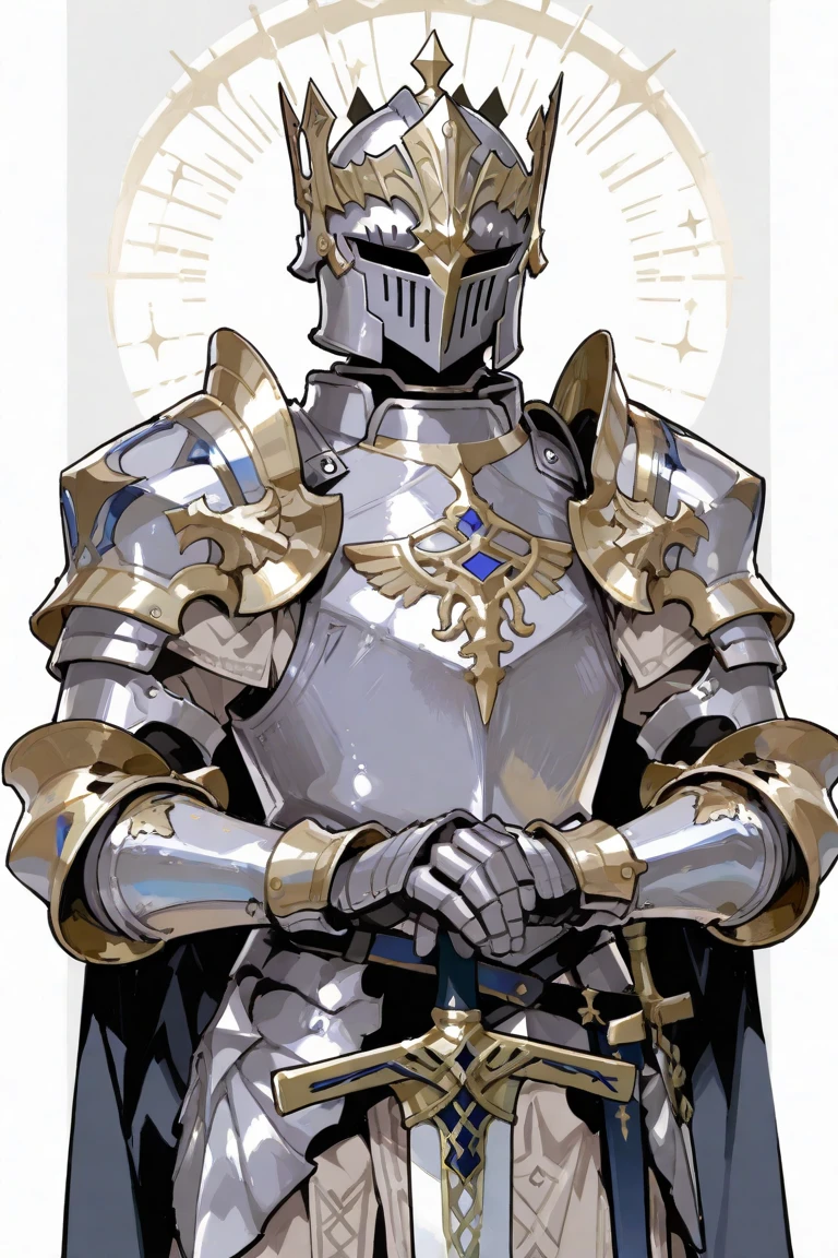 Tarot card angelic fully armoured knight with helmet no face, faceless, buff, huge