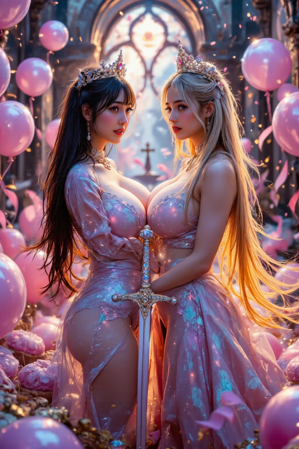 (top-quality)、 (masterpiece)、(profetional lighting)、 (Bewitching:1.2)、 (A hyper-realistic)、(Stylish), (intricate detailes)、 (perfect anatomia)、(Girl proudly standing in front of camera shows off her breasts、The other girl on the other side F is、Bend over and stick your butt out towards the camera), ( Huge breasts:1.9), (Bright whitening skin without wrinkles and steps:1.3), (Beautiful bright blue eyes with long eyelashes and red tear bags)、(shiny little lips)、 (Braided half-up hair shines with backlight), (The costume is designed to beautifully complement large breasts:1.6), (Proudly showing off her huge breasts with both hands from the front:1.5), (Another girl on the other side shows off her proud super big ass from right behind、Bend over and expose her ass:1.2), (the face is chubby), (They are kissing face to face while touching bewitching:1.3), (detailed beautiful faces), (Shot in a garden full of flowers:1.2),