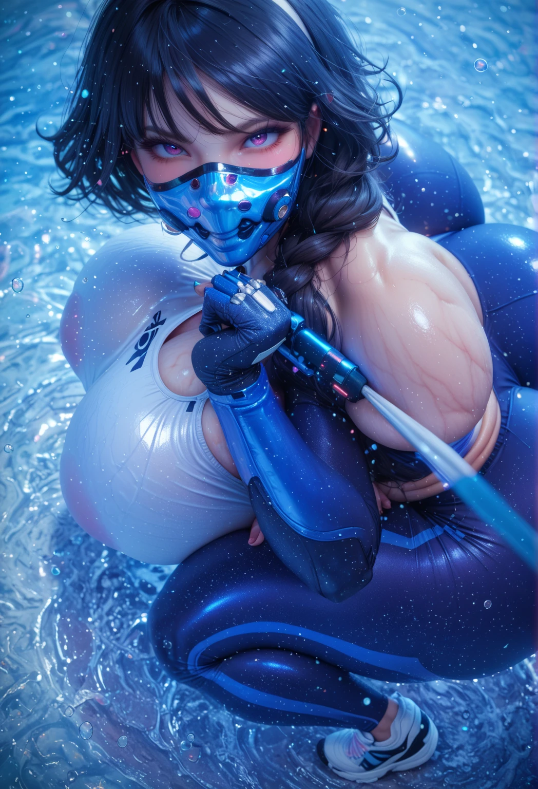 hiquality,sixteen years old,woman,Shorthair,((dark blue mask)),Navy high neck long sleeve leotard,((Drenched in rain)),((Large open legs)),((full bodyesbian)),Gymnastics Department,Flexible Stretching