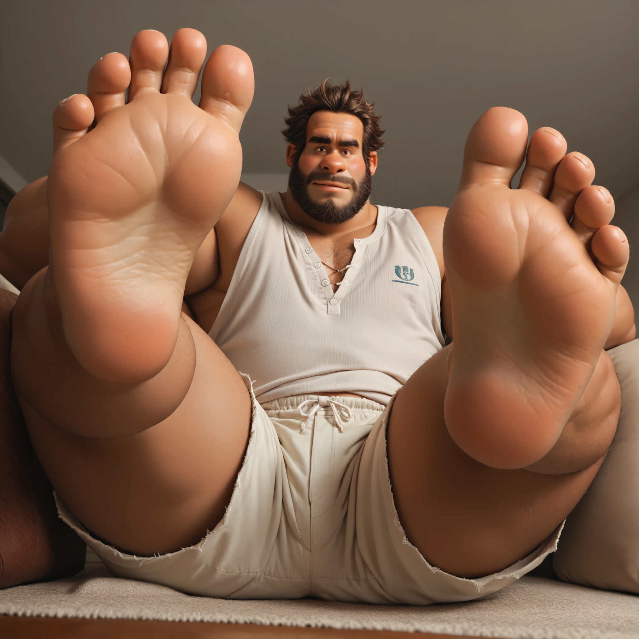 Hairy bear man places his feet on a boy's face, Muscular fat bear, thick beard, The bear's feet are above the face of a young man below it, Wear white shorts 