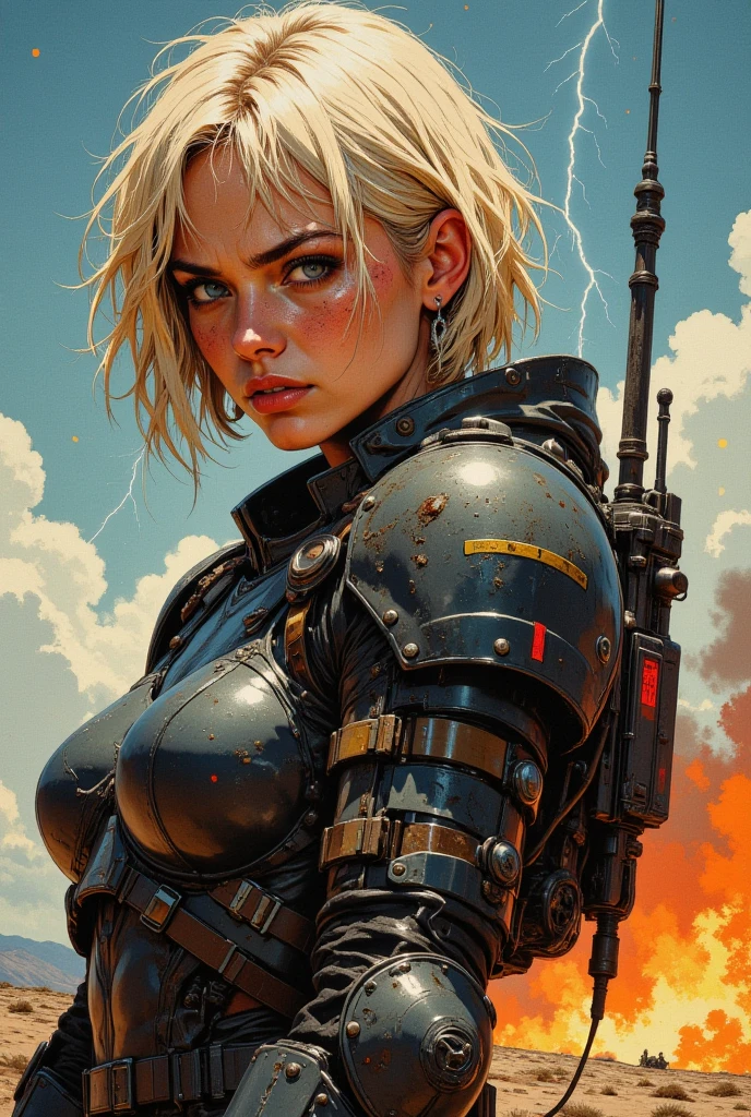 Giant breasts on a slim body. Young, blonde girl in war torn combat suit. Breasts are so big they tear clothes. There are explosions in the background. In the way of Russ Meyer. who. Sculptural body in a half-sided pose dodging a blow.