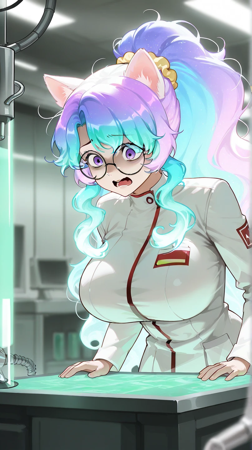 highest quality, High resolution,Anime Screen Capture, SF、three women、realistic, masterpiece, highest quality, perfect anatomy, (fine eyes), (nurse, huge breasts、Chubby), Sweat, city,、((White Pink Sci-Fi Suit、Mechanical white backpack、white gloves、White pink knee socks))、 green eyes、hand on chest、short hair、brown hair ,braid pigtails、 ((blush))、(wide hips)、smile、 closed one eye、((((embarrassing))))、((Red Rim Glasses))、Are standing