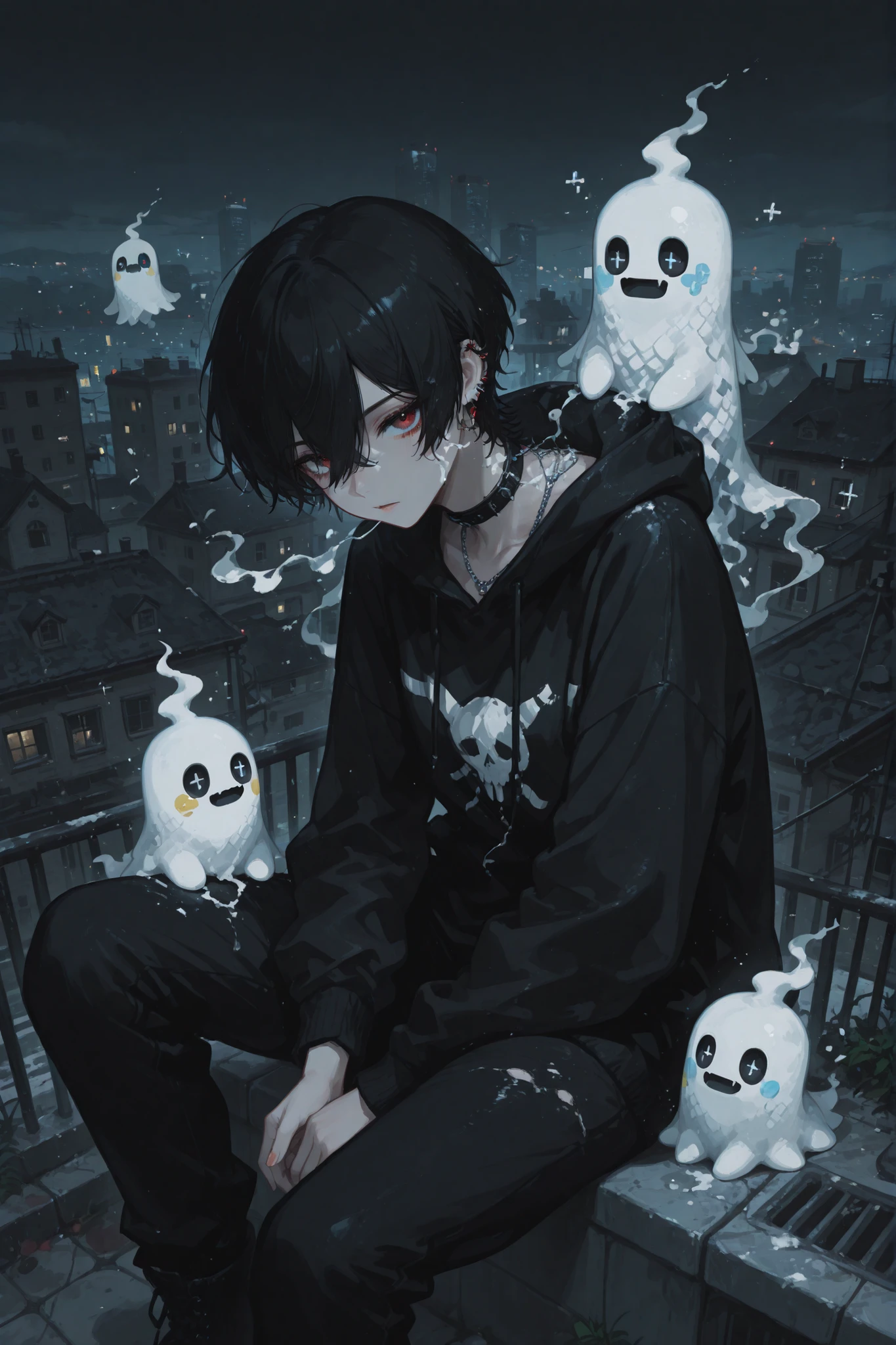 (​masterpiece, 4K, best qualityer, Super Detailed in Eyes and Face) Tall man, sad boy, Short Straight Black Hair, eyes black, Skull Choker, Gray T-shirt on top with a Sad Little Ghost Printed on It, Black Shirt With Long Sleeve Bottom, Pose:Two Hands covering the Nose and Mouth He is on the side looking at the Camera, Emo Aesthetic Background.