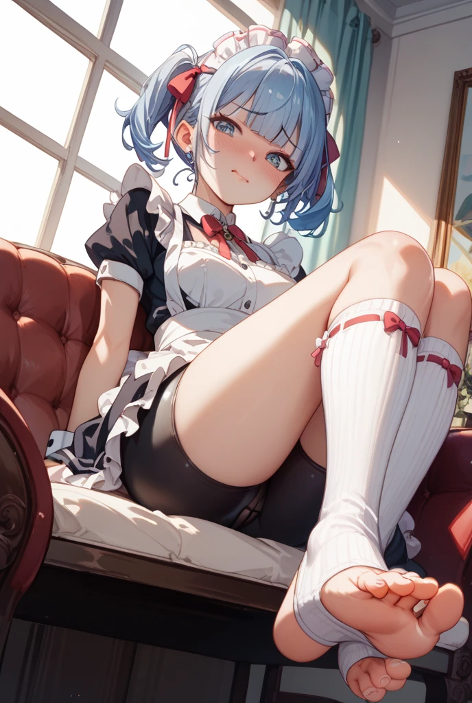 Young girls，double-ponytail，Pale blue hair，red color eyes，JK school uniform，solo person，Maid skirt，white stockings，White knee-length socks，Suspenders，looking to the camera，in a panoramic view，Lying on the couch，Five black males，White T-shirt，denim pant，Smiling at the girl，Masterpiece，Best quality，Japanese style binding，tatami mats，bedroom background，4k，Outstanding work。