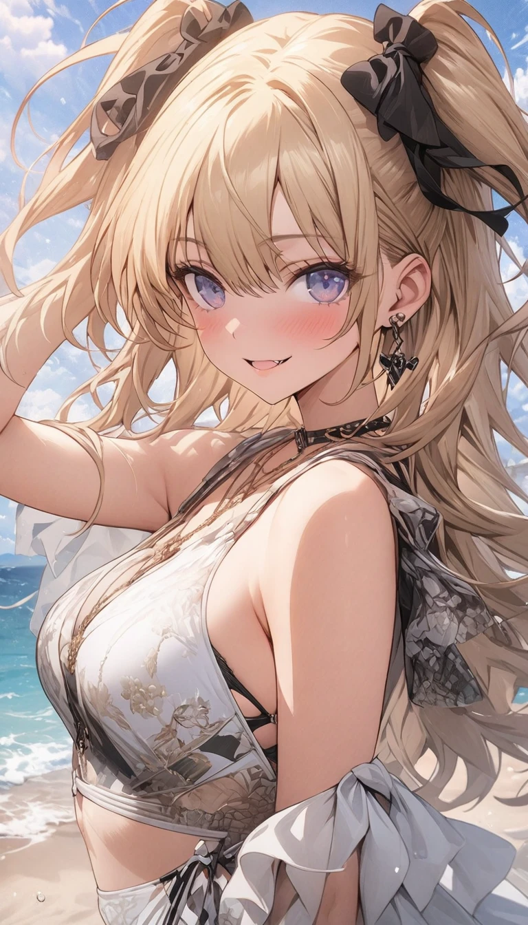 masterpiece, absurdres, best quality, ultra detailed, high Resolution, detailed illustration, extremely beautiful detailed face and eyes, bright colour, 1girl, (loli), cute face, Delicate beautiful face, magenta eyes, cute eyes, sparkling eyes, big eyes, medium breasts, (perky breasts:1.1), (pointy breasts:1.1), medium hips, glamorous body, white skin, smile, BREAK, long bob cut, (blonde hair:0.8), messy hair, detailed hair, shiny hair, BREAK nsfw, tiny ribbon, see-through dress, at beach, real world, natural lights, perfect lighting,