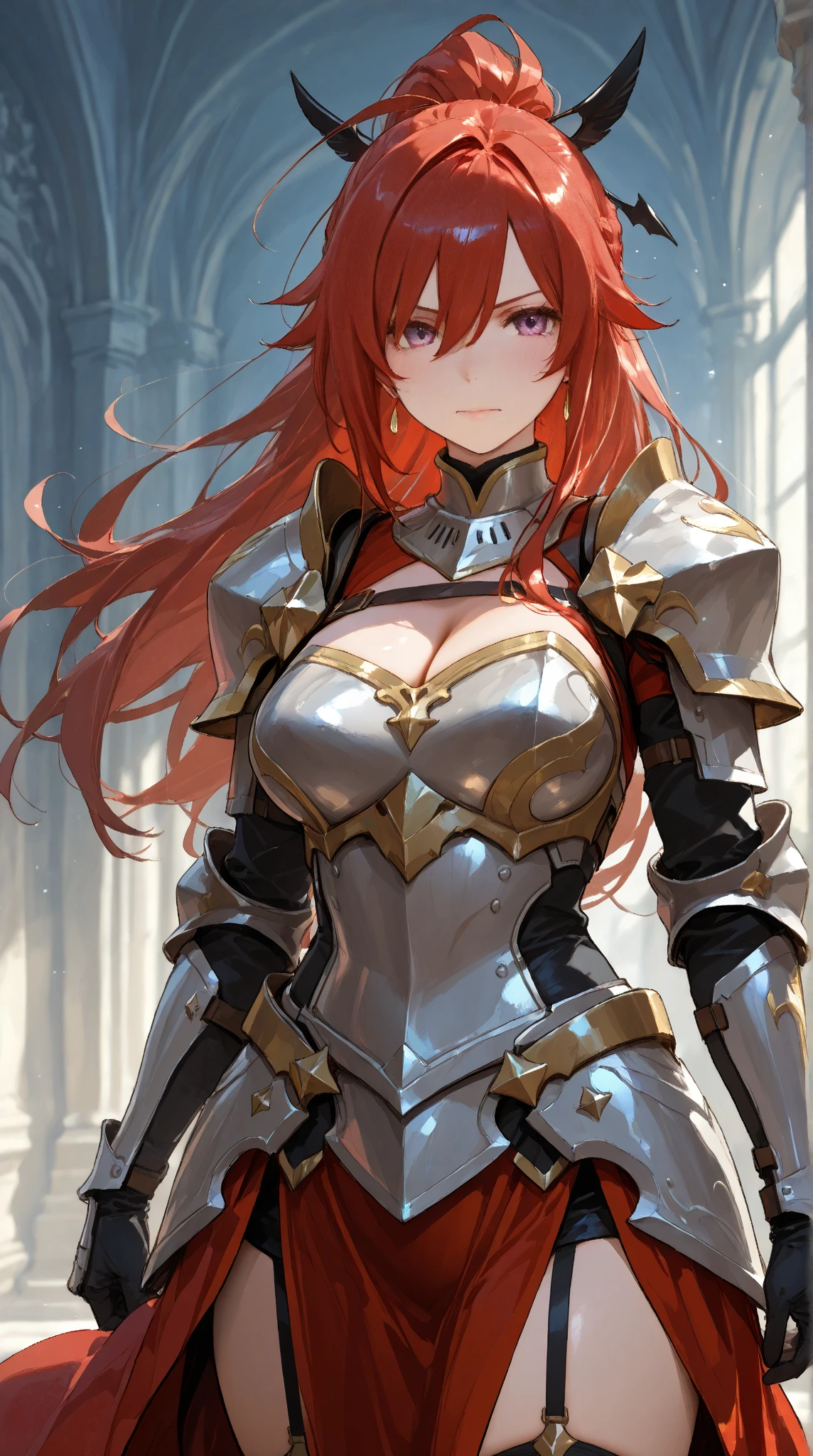 ((best quality)), ((Masterpiece)), (details:1.4), 3d, HDR (high dynamic range), mature woman, เหมือนจริง, High ponytails, red hair, White eyes, จมูกโด่ง, PBR surface, After processing, Anisotropic filtration,depth of field, Maximum clarity and clarity, multi-layered surface, perfect proportions, 8K raw files,holy paladin, Heavy Black armor, hall castle, โกรธ, จ้อง, evening