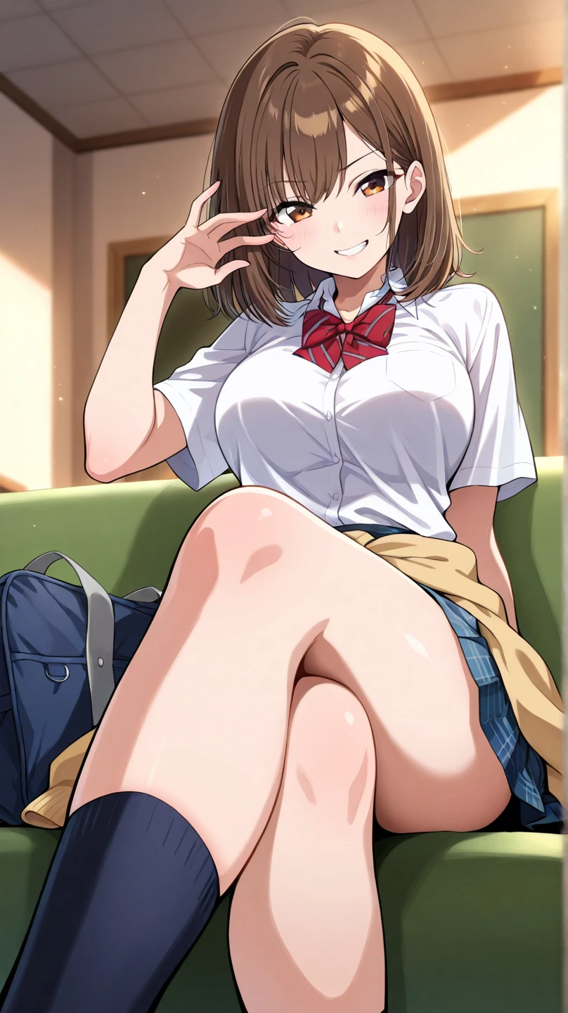 masterpiece, best quality, high quality, beautiful anime character, solo, anime girl with brown hair, soft hair, long hair, blue eyes, cat ears, big breasts, mature female, tall female, big girl, thick, (calming face, light smile, loving eyes), indoors, (white shirts, white panties, dark blue pleated skirt), cat tail, from below view, school girl, white socks, sitting, panties peeking, crotch highlighting,