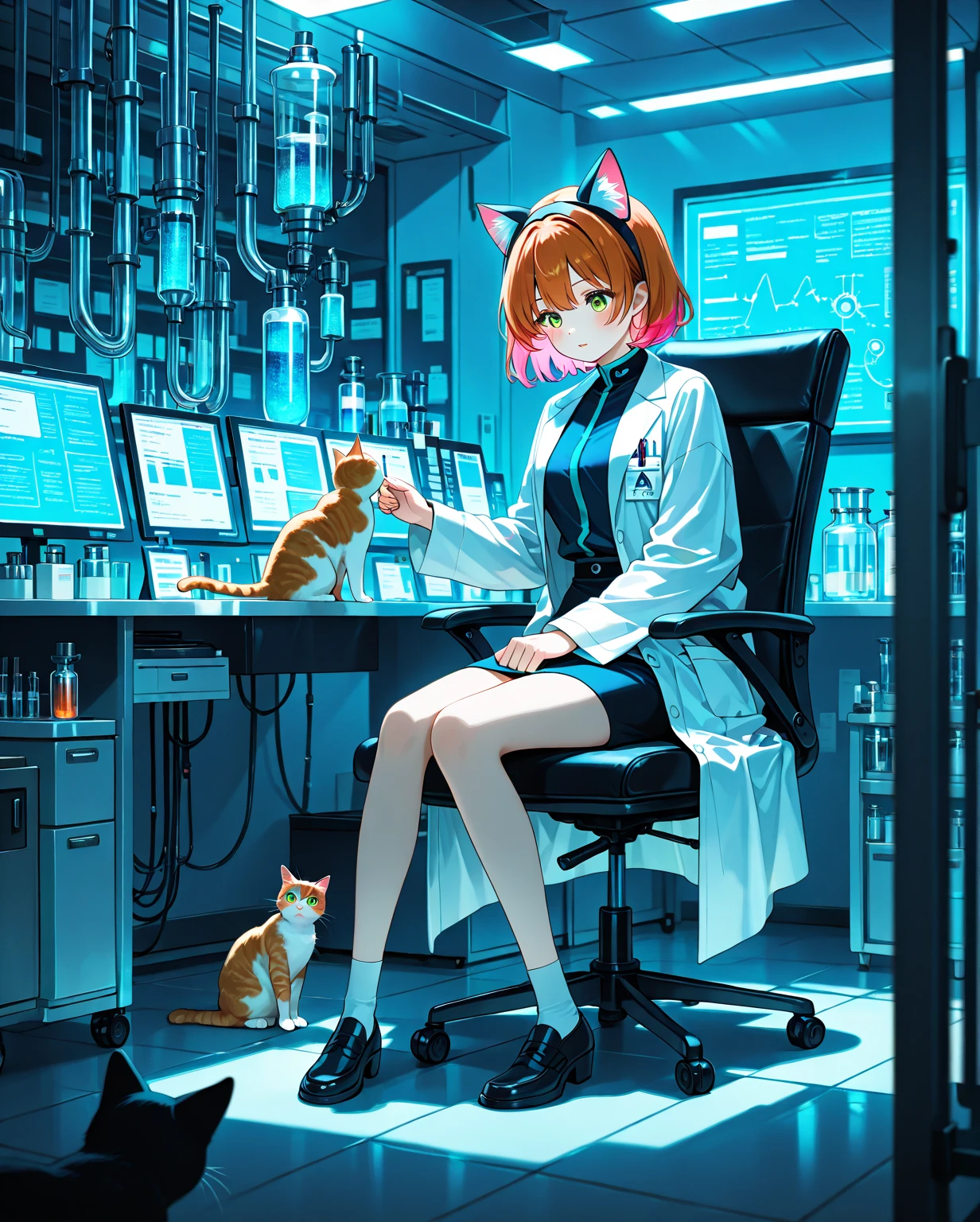 1 woman, cat ears headband, miniskirt-length white coat, laboratory, cat, incredibly absurd, very feminine, intricate details, anime style, highly detailed, 8K, HDR, studio lighting, physically-based rendering, professional, vibrant colors, depth of field, woman with cat ears headband wearing white lab coat, sitting in a chair in a lab surrounded by scientific equipment and a cat, talking to the cat, rim lighting, vivid colors, absurdres,