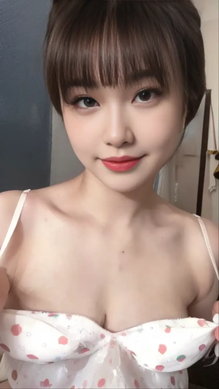 Mood light, ceiling light, small vase, rug ,candle, room with plants (Sitting on a small wooden chair in front of a white curtain wearing only a pajama pajama top, mirror selfie, breasts visible Naked Pingdu Pinyu Korean beauty Perfect face Oval face Eye smile 45 years old Bright smile Perfect eyes Naked pubic hair visible Delicate