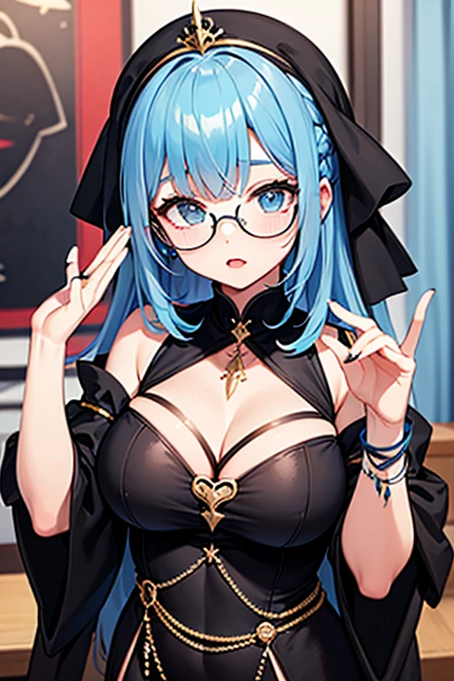 (the Extremely Detailed CG Unity 8K Wallpapers)、top-quality、solo、1girl in、beatiful detailed eyes、Bright pupils、(extremely delicate and beautiful)、(Beautiful and detailed eyes description)、Ultra-detail、masterpiece、))、Colossal tits、atlibrary、In your hands your、Photorealsitic、Sailor Mercury、lightblue hair、Big buttocks、student clothes、eye glasses