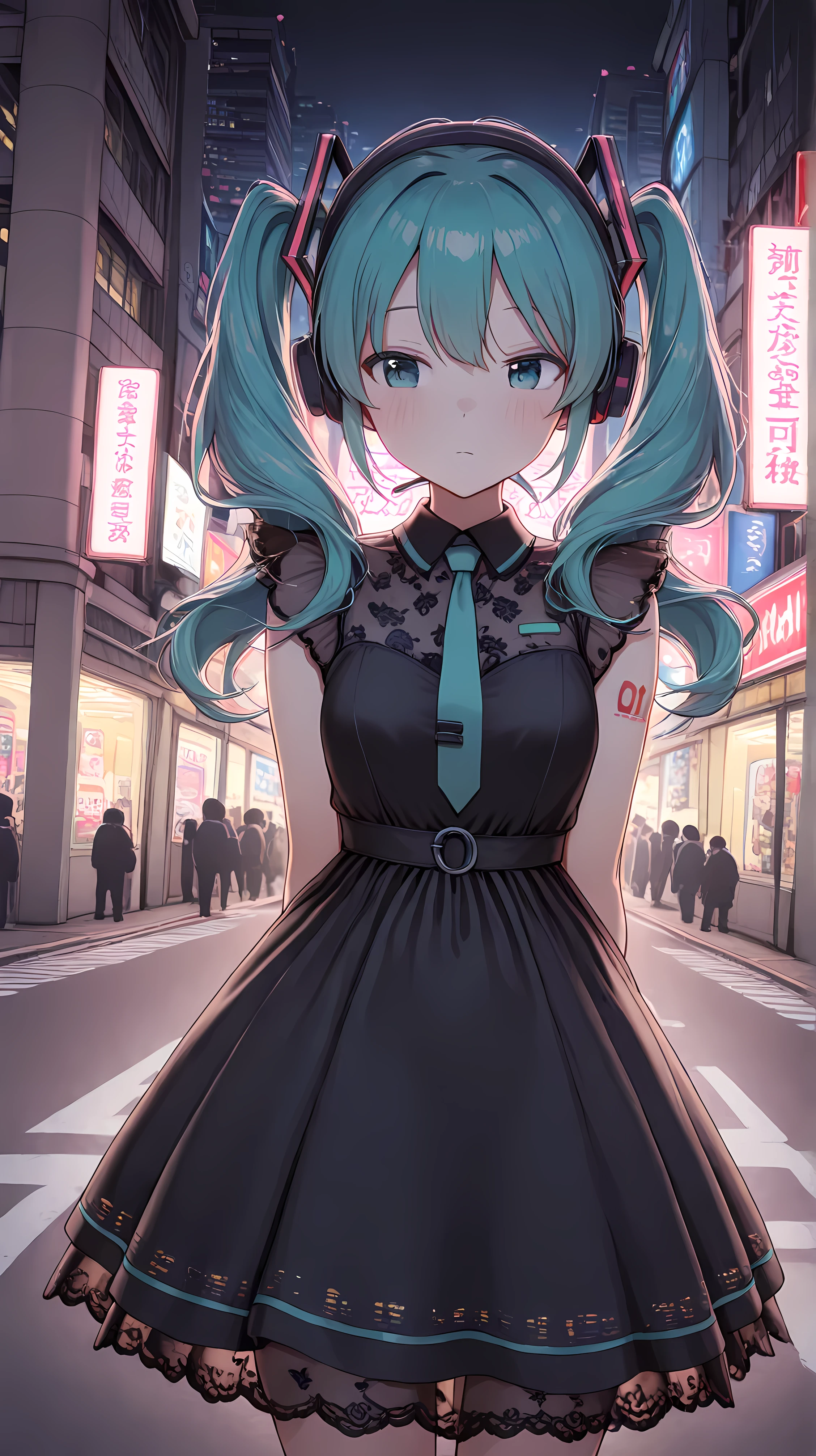 2D graphics Hatsune Miku with long twin tails and original Hatsune Miku's headphones in original Hatsune Miku Dress, looking at the streets of Akihabara on a flyover at Nighttime, Neon Lights, vivid display, futuristic year 3055, 4k UHD Graphics, ultra fine resolution, Do not blur background buildings!!, Sharp Focus on building and road, intricate details, Ultra Realistic Background, 2D Graphics, camera position a street wide photography, 2D Graphics. camera with full frame focus, Render this scene with clear, legible digital typography for numbers and letters. Include crisp, well-formed Japanese text in the image, clear OCR japanese text.