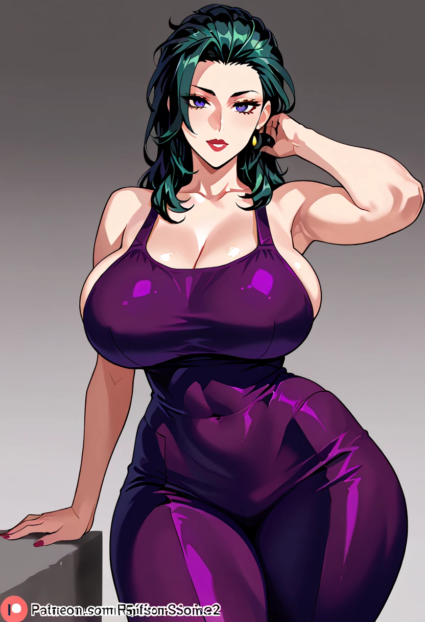 1girl, solo, curly hair, long hair, purple hair, purple eyes, hair over one eye, mature female, milf, motherly, big breasts, narrow waist, wide hips, purple halter dress, long purple gloves, hands on hips, smile, looking at viewer